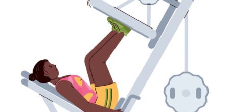 woman on training machine flat vector illustration isolated. woman in sportswear doing exercises on training machine, flat cartoon vector illustration isolated on white background. Gym and lifting weight exercises.